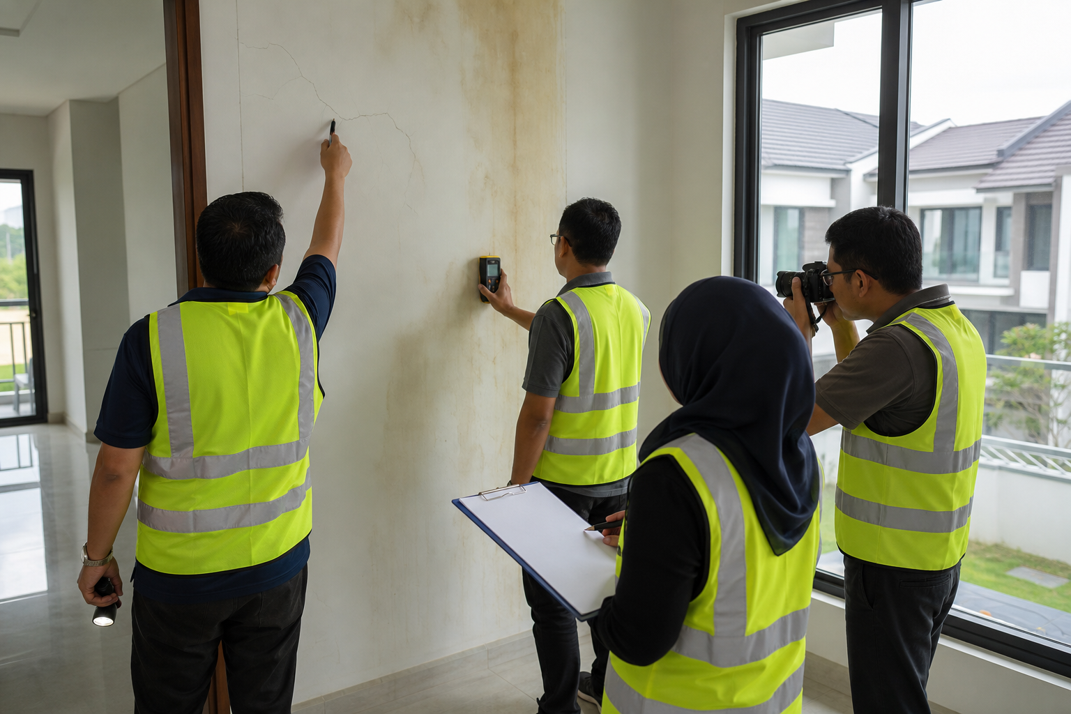 Gambar editorial jana AI yang mewakili Pemilik rumah di Batu Pahat membangkitkan kecacatan serius—mutu perumahan mesti dibuktikan sebelum serahan; bukan foto projek, syarikat, tempat atau peristiwa sebenar.