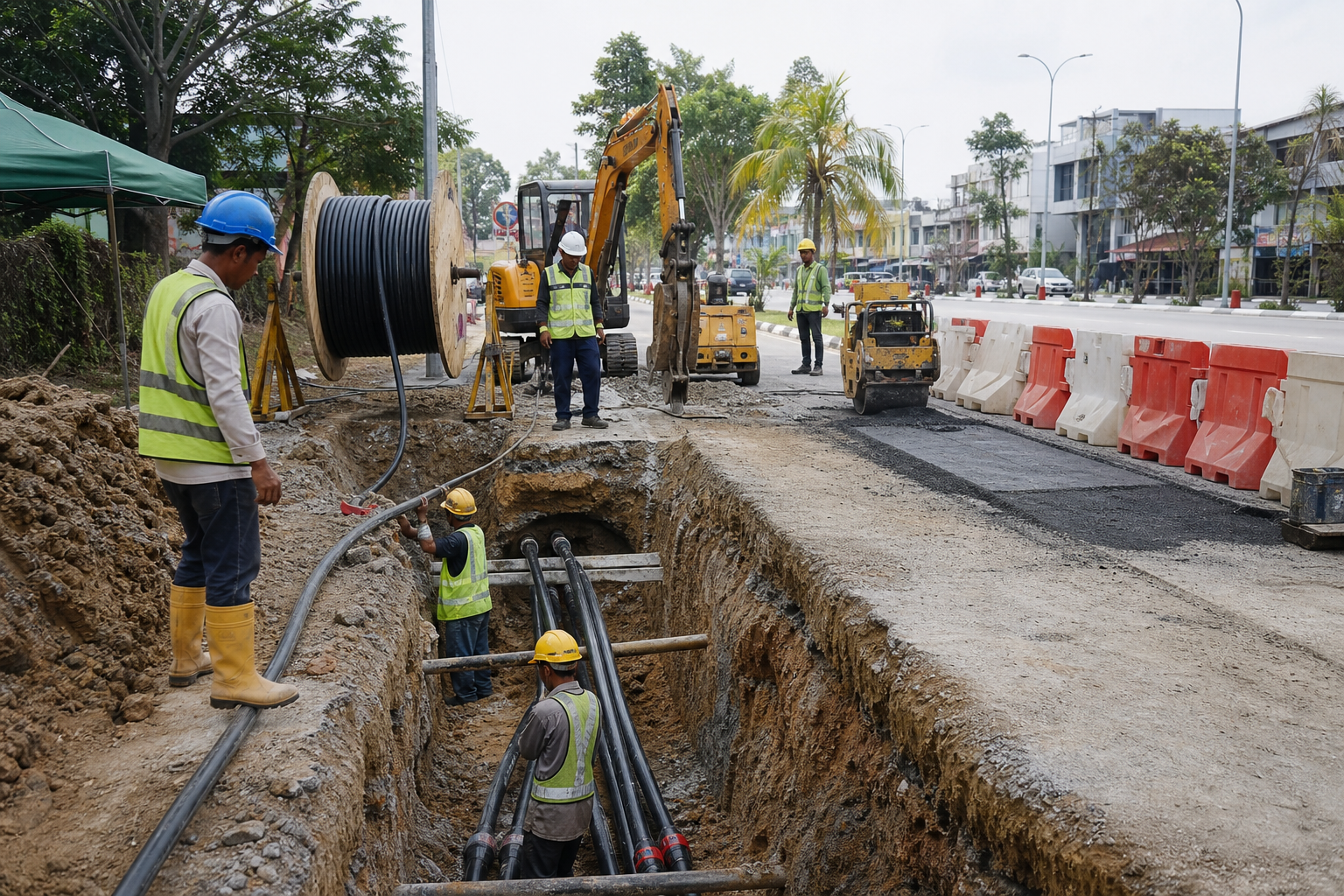 Gambar editorial jana AI yang mewakili Kontrak kabel bawah tanah TNB bernilai RM122.31 juta membuka kerja utiliti—tetapi permit dan pemulihan permukaan ialah risiko utama; bukan foto projek, syarikat, tempat atau peristiwa sebenar.
