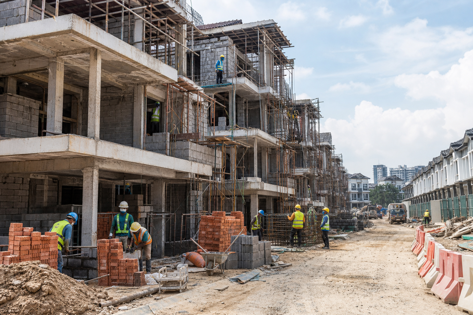 Gambar editorial jana AI yang mewakili Inta Bina memperoleh kontrak perumahan RM115.65 juta di Setapak—61 rumah dan satu pencawang menguji kawalan pengeluaran; bukan foto projek, syarikat, tempat atau peristiwa sebenar.