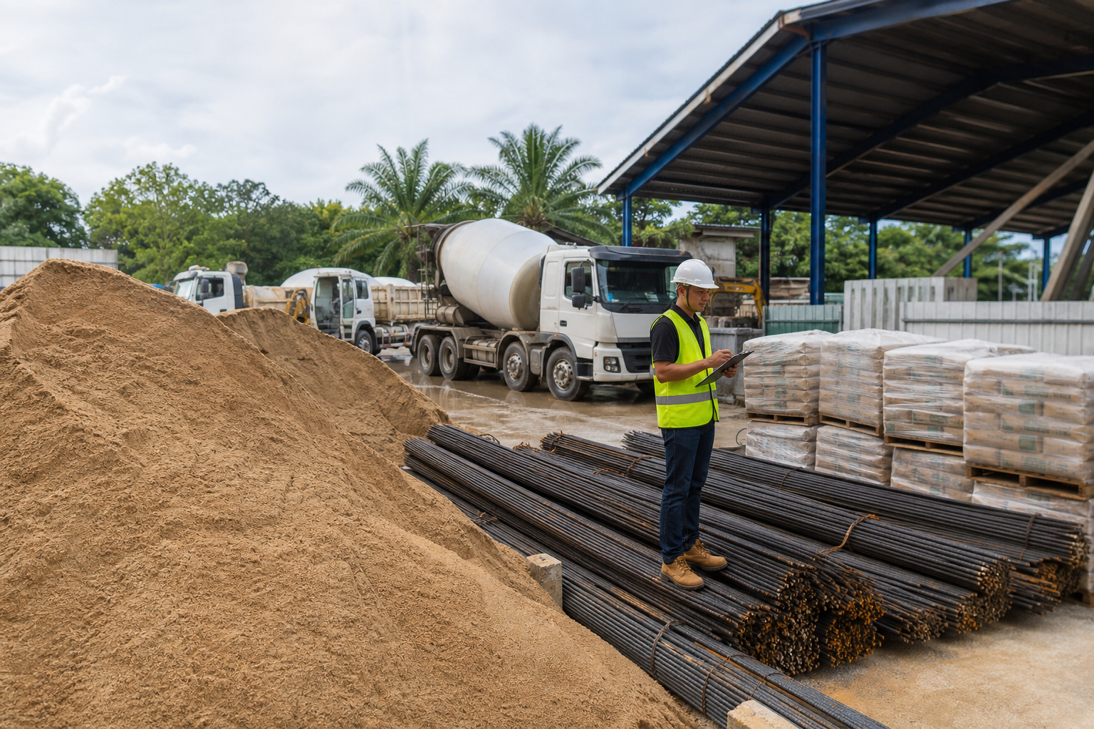 Gambar editorial jana AI yang mewakili Harga bahan binaan meningkat pada Julai, sementara pasir dilapor melonjak hampir 15%—kadar kerja tanah dan konkrit perlu diuji semula; bukan foto projek, syarikat, tempat atau peristiwa sebenar.