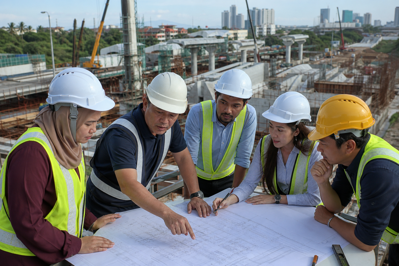 Pasukan pembinaan Malaysia meneliti pelan di tapak infrastruktur aktif.