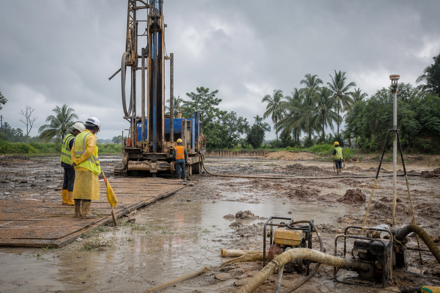Kerja rawatan tanah dan saliran menegak di tapak selepas hujan.
