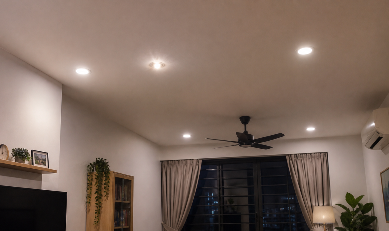 Lampu LED berkelip pada siling ruang tamu rumah Malaysia