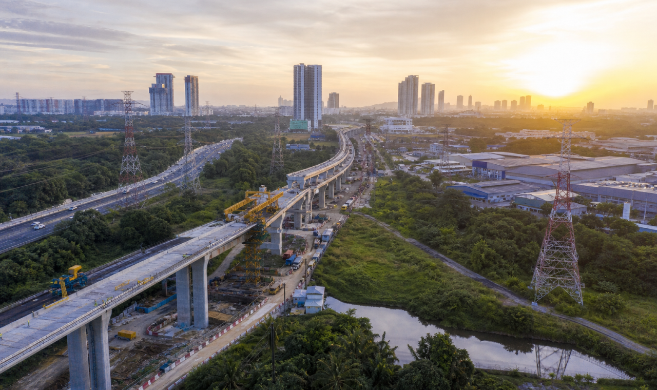 Landskap ekonomi pembinaan Malaysia dengan lebuh raya, grid kuasa dan pembangunan industri