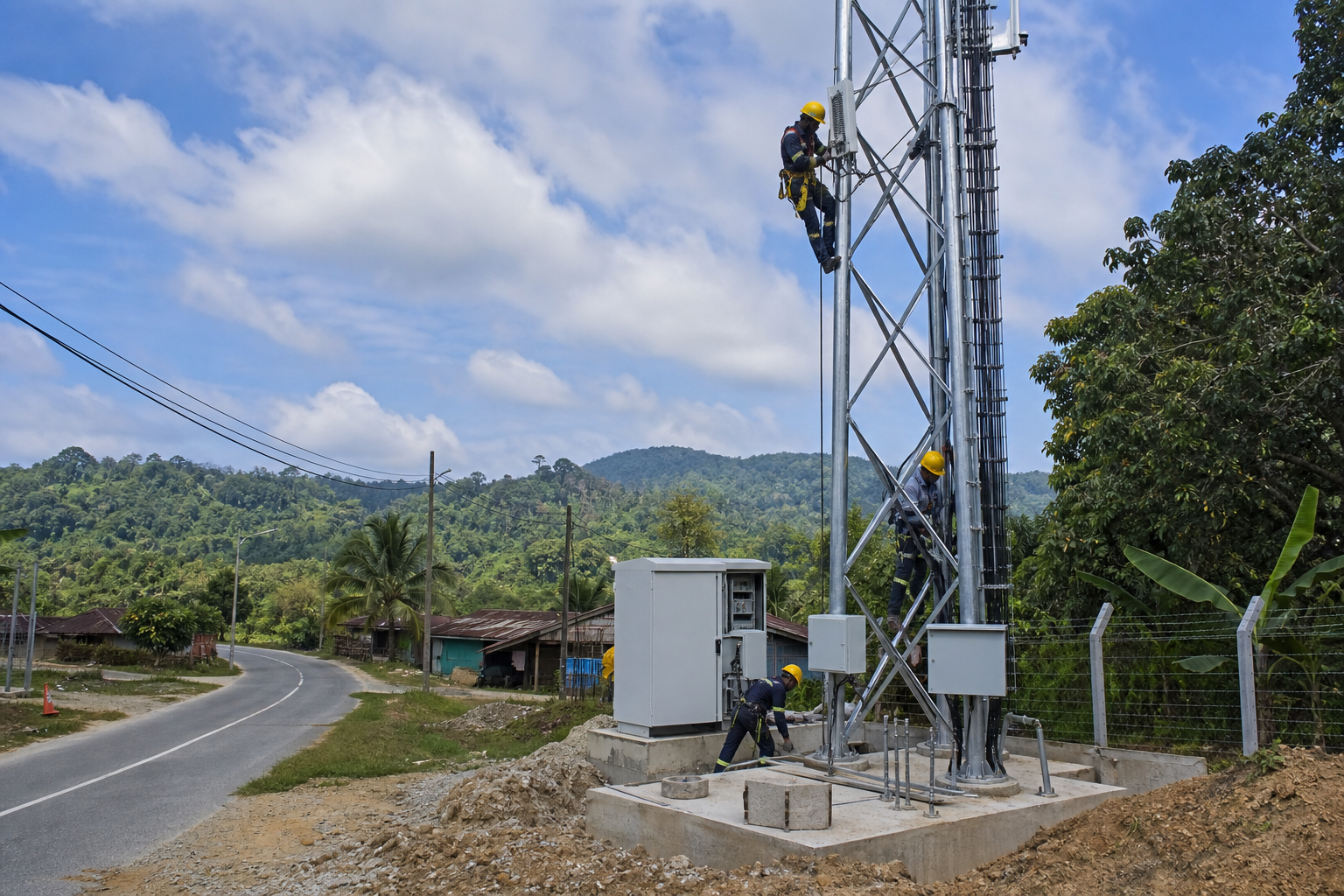 Juruteknik memasang infrastruktur telekomunikasi di kawasan luar bandar Malaysia