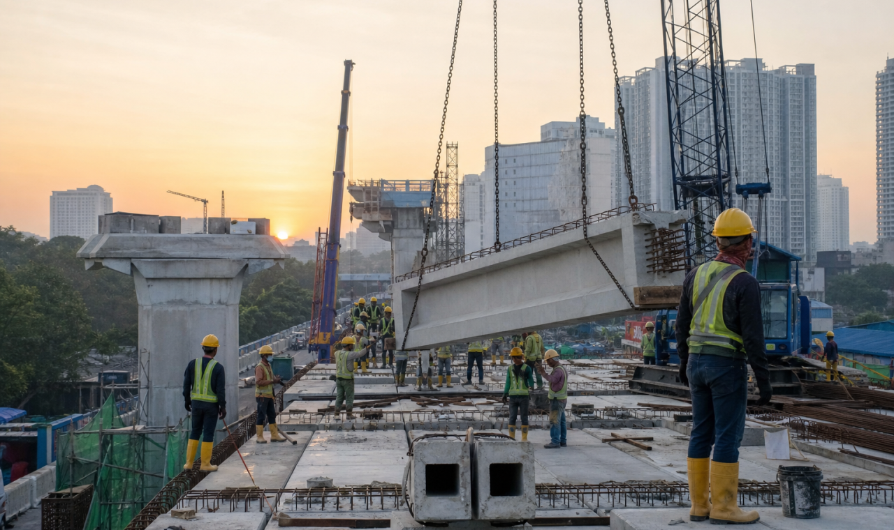 Tapak infrastruktur bandar Malaysia dengan jejambat dan pekerja pembinaan