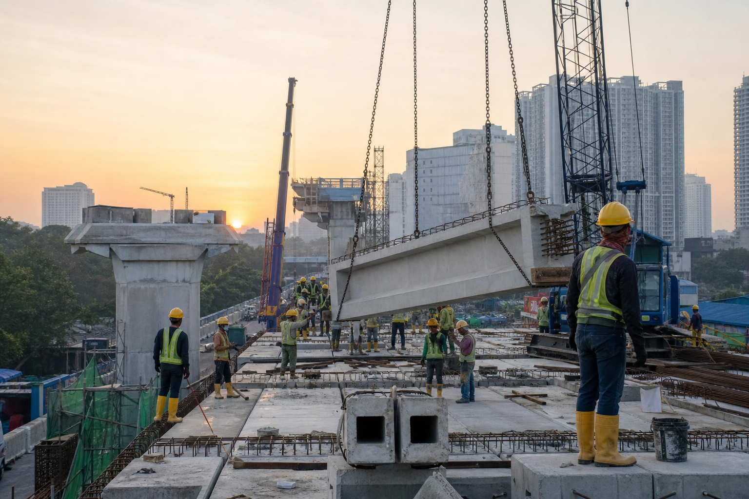 Tapak infrastruktur bandar Malaysia dengan jejambat dan pekerja pembinaan