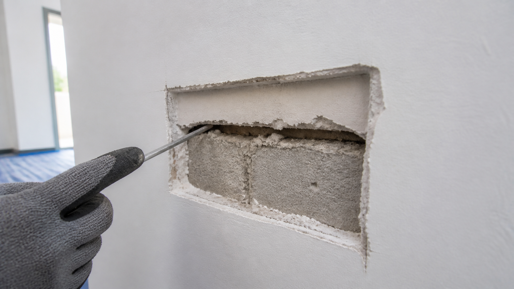Bukaan kecil menunjukkan rongga antara plaster dan substrat dinding