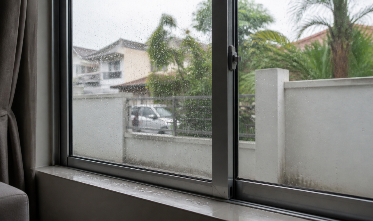 Tingkap bocor bila hujan dengan kesan air pada ambang tingkap aluminium rumah Malaysia