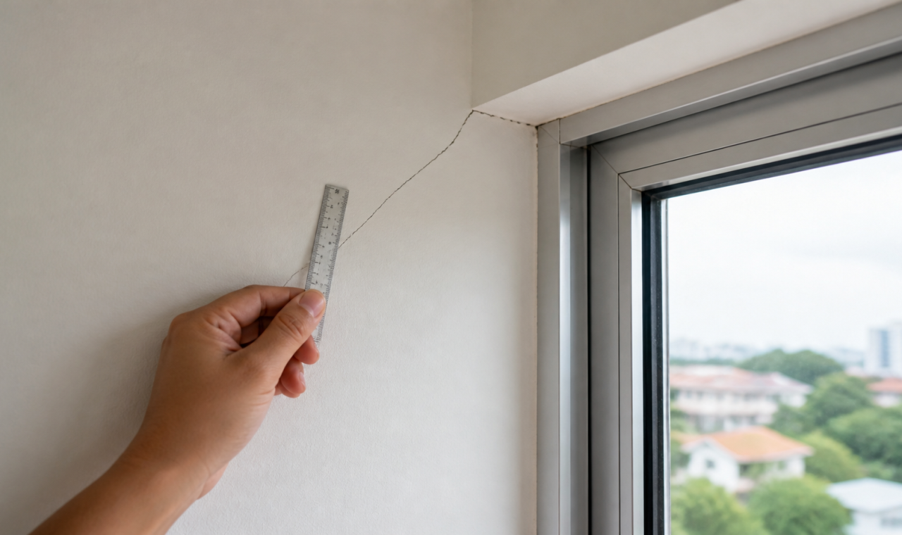 Retak bucu tingkap berbentuk diagonal pada dinding rumah.