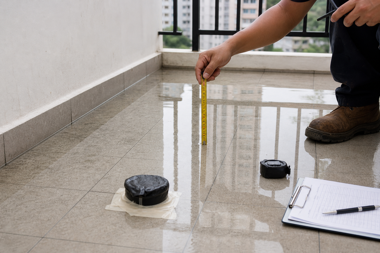 Kontraktor menjalankan ujian air terkawal untuk mengesahkan punca kebocoran waterproofing