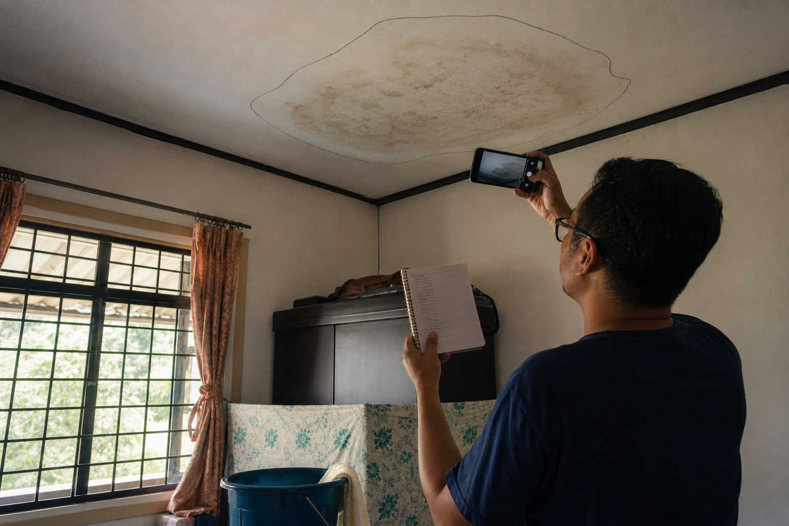 Pemilik rumah mengambil gambar dan merekod perubahan kesan air pada siling