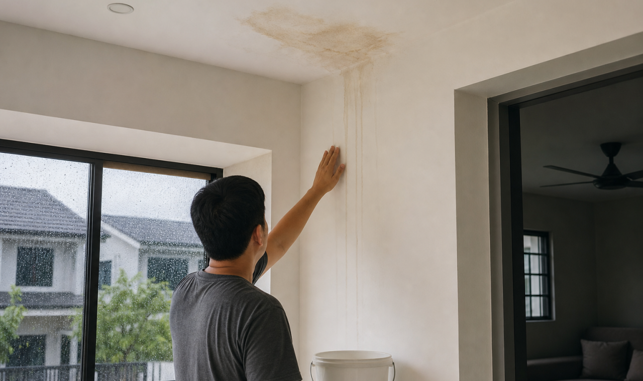 Pemilik rumah memeriksa kesan bumbung bocor ketika hujan lebat pada siling tingkat atas