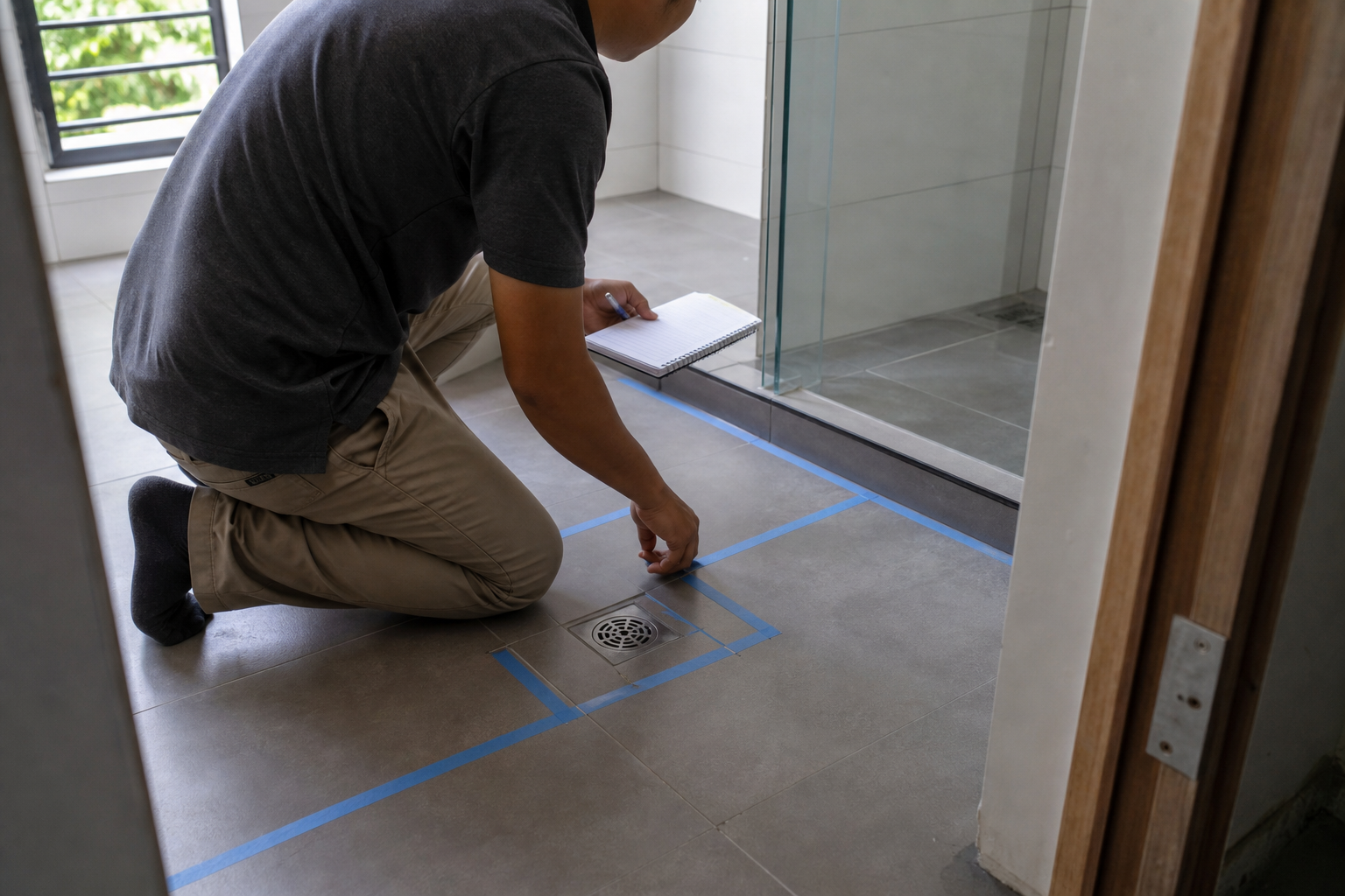 Kontraktor memetakan lokasi grout bilik air retak dan keadaan floor trap