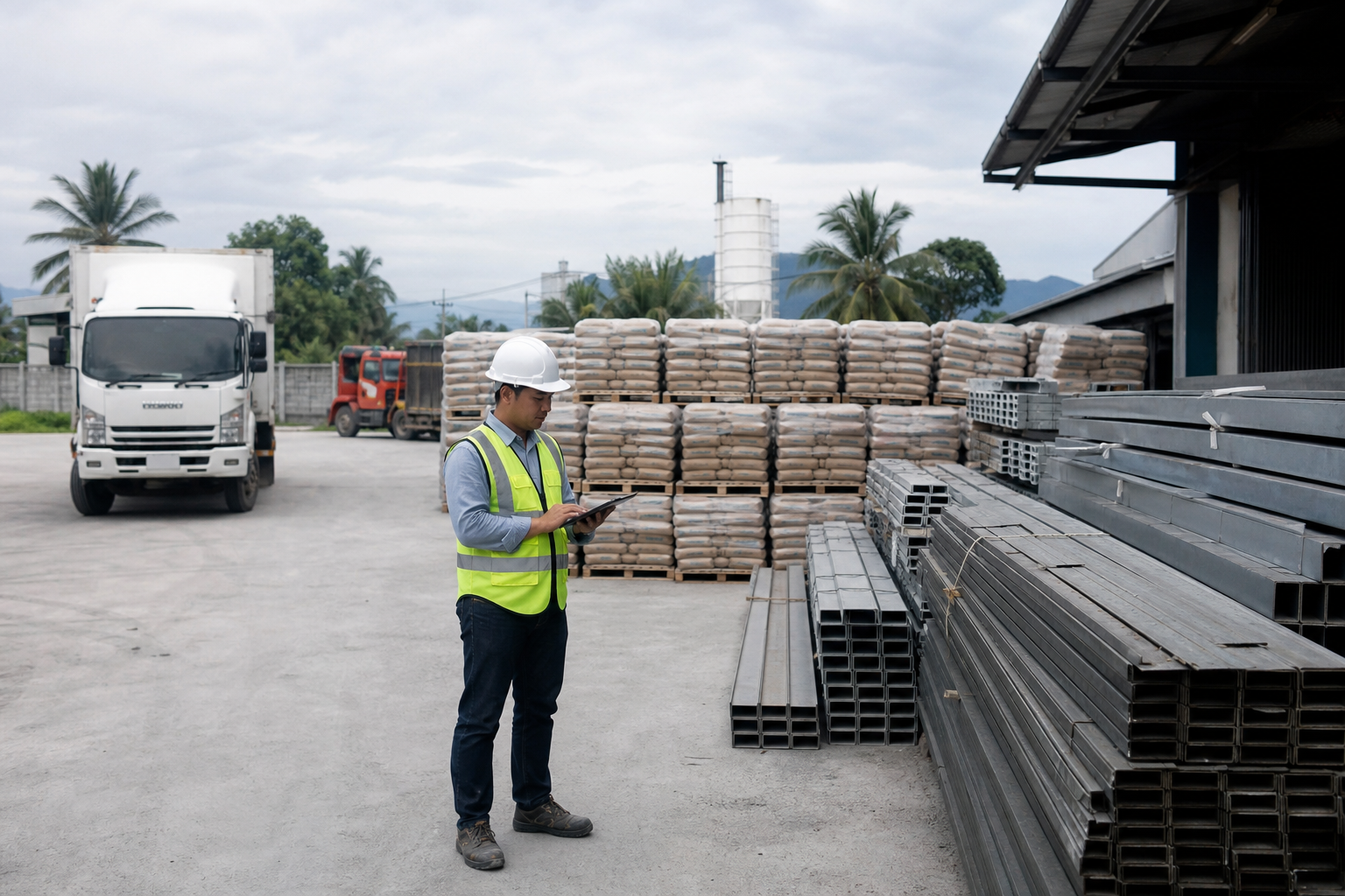 Yard bahan binaan dan logistik sebagai gambaran aktiviti pembuatan yang sederhana