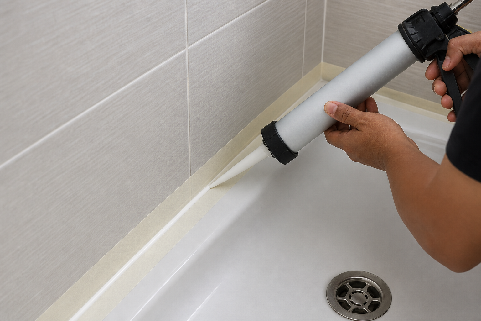 Sealant silikon sanitari baharu dipasang pada sambungan jubin yang bersih dan kering