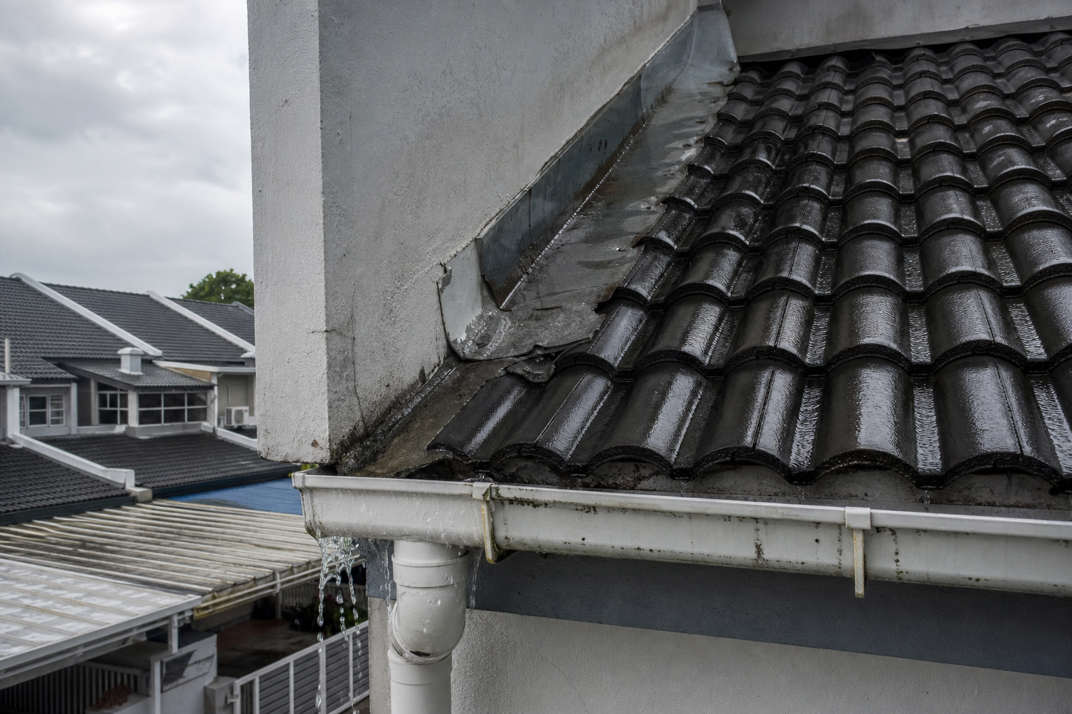 Bumbung rumah dengan sambungan flashing selepas hujan